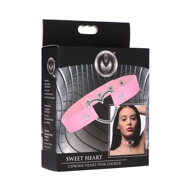 light pink Master Series Sweet Heart choker with silver heart hardware on box