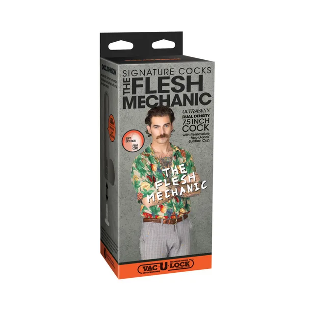 Flesh Mechanic 7.5-inch Signature Cock ULTRASKYN dildo in gray package