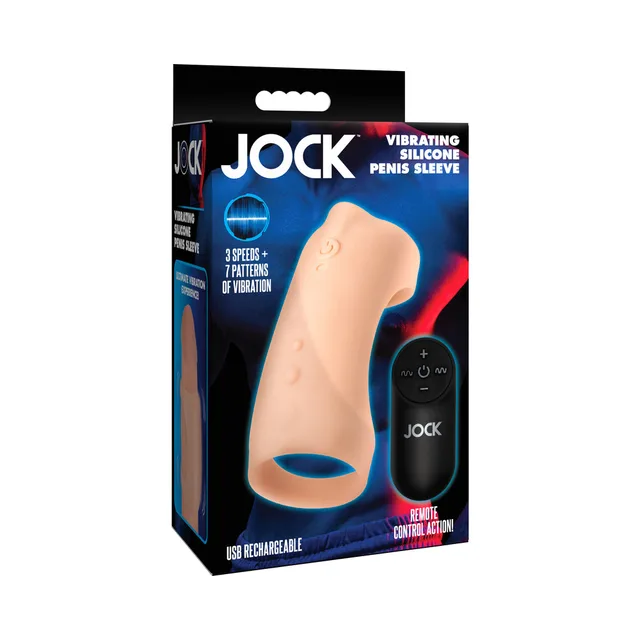 Light-beige JOCK vibrating silicone penis sleeve and remote shown on retail box