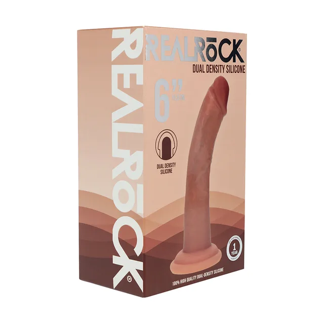 Shots Realrock 6-inch tan curved dual-density dildo displayed in its brown retail box