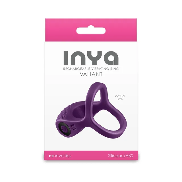 Berry-purple INYA Valiant dual-loop vibrating ring on white and pink box