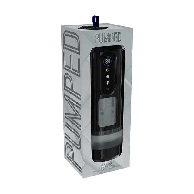 Shots PUMPED Sensurge black heated suction masturbator displayed in a clear-front black retail box