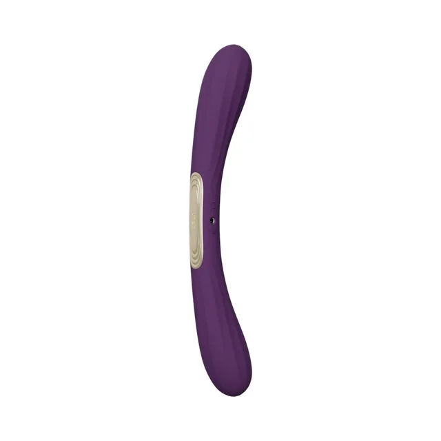 LELO BOOMERANG plum dual-ended vibrator front view showing the gold control panel