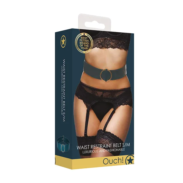 Ouch Halo S/M box with model wearing green ringed waist belt