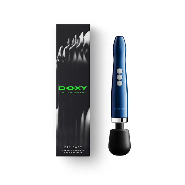 Doxy Die Cast 3R blue wand beside black retail box