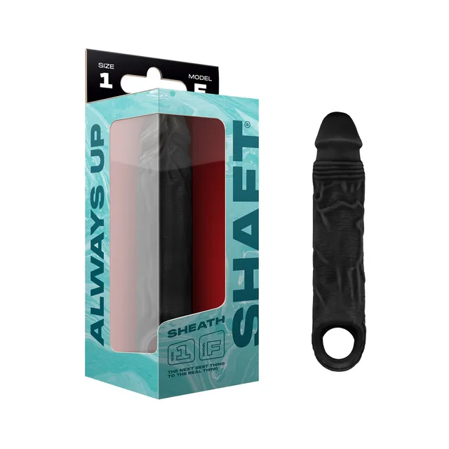 Black Shaft Model F size 1 textured sheath beside windowed package