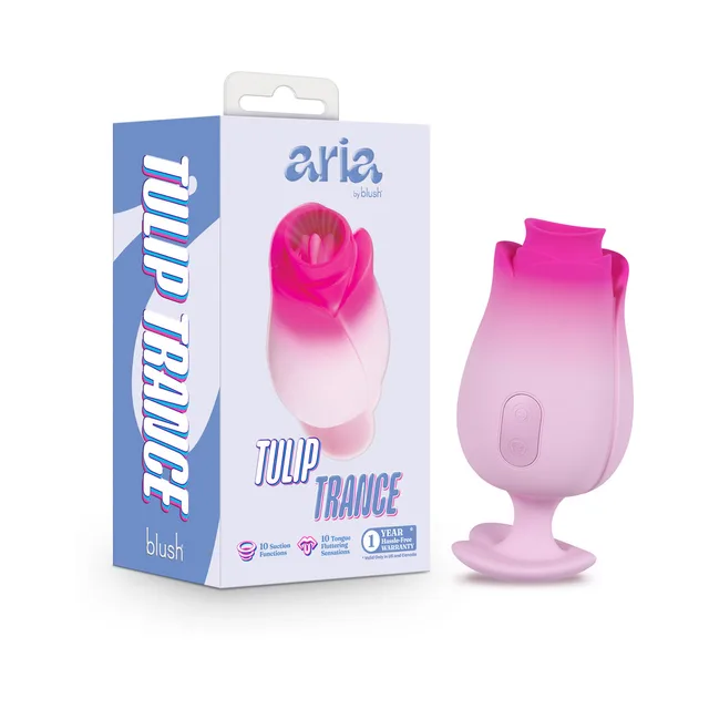 Light-pink Aria Tulip Trance massager with suction opening beside blue box