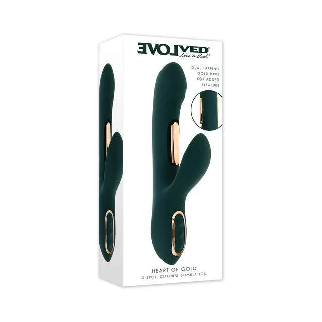 Evolved Heart of Gold green vibrator beside white retail box