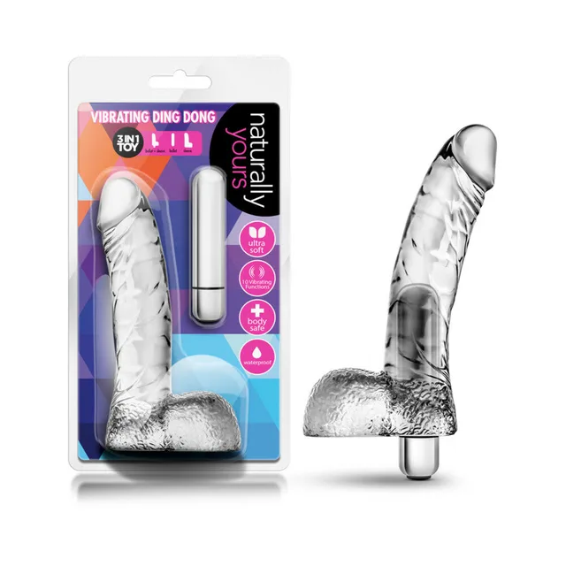 Naturally Yours Clear Vibrating Ding Dong beside bright retail blister and silver mini vibrator