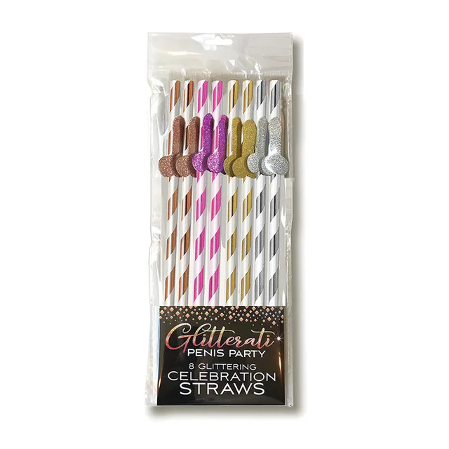 Clear pack of eight striped straws with assorted glitter penis toppers