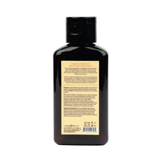 Back label of 2 oz grapefruit sandalwood massage oil bottle