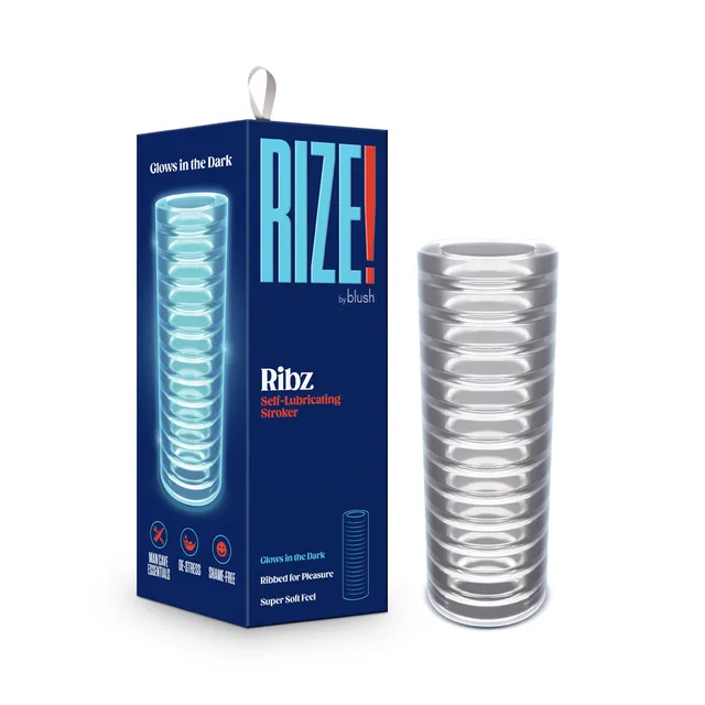 Blush RIZE Ribz clear glow-in-the-dark stroker beside blue retail box