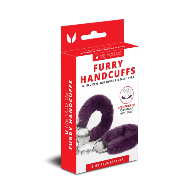 Purple feather-covered Me You Us handcuffs in package