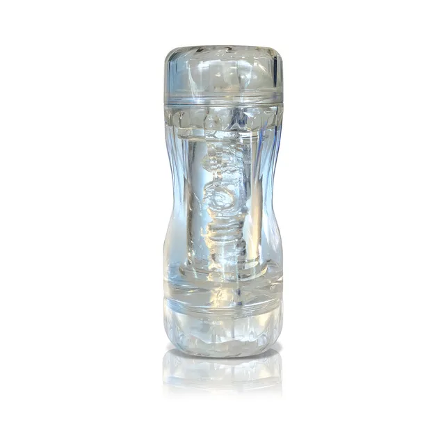 upright transparent MSTR B8 stroker canister showing textured inner sleeve
