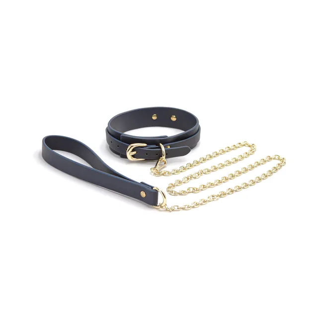 Dark blue buckle collar with gold chain leash and wrist loop