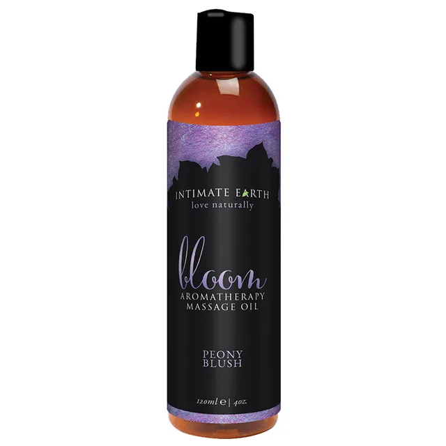 Intimate Earth Bloom Massage Oil amber 4 oz bottle with black peony blush label
