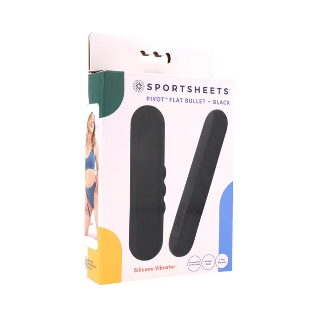 Sportsheets Pivot black flat bullet vibrator with rounded paddle form on white-green retail box