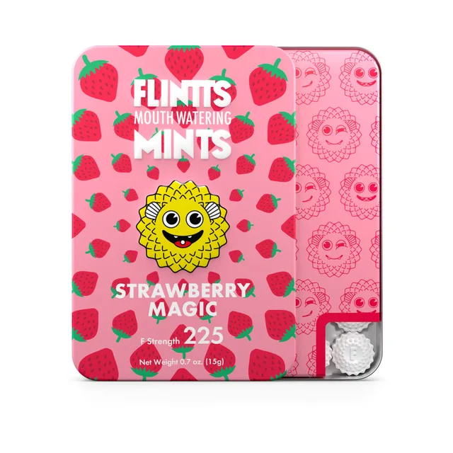 Pink Flintts Strawberry Magic F-Strength 225 tin with red strawberry pattern