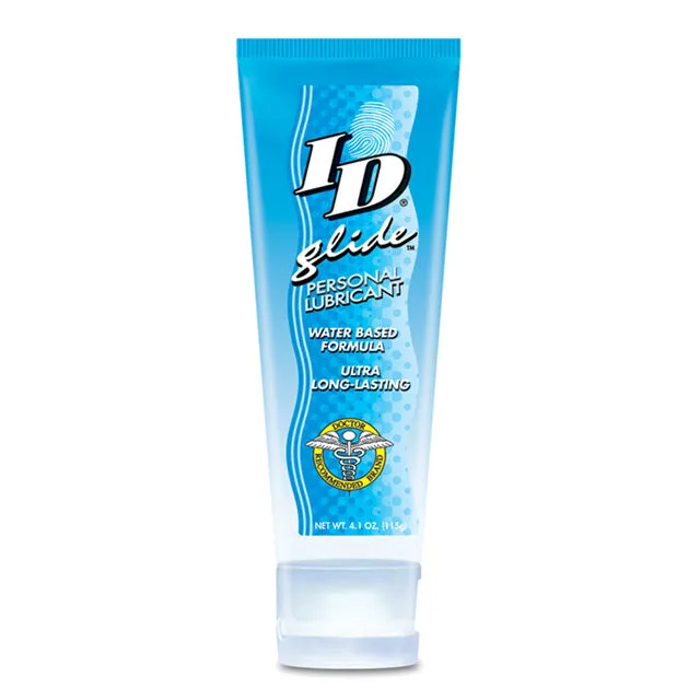 ID Glide 4.1 oz water-based lubricant in bright blue squeeze tube