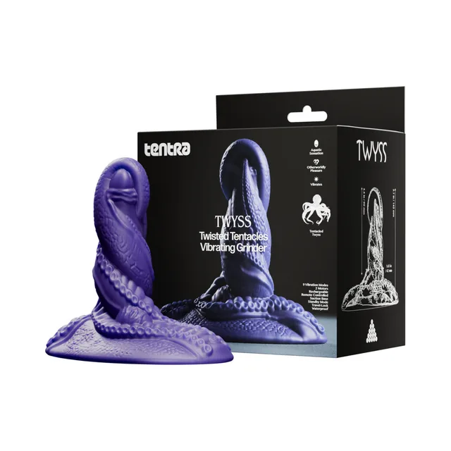 Tentra Twyss purple twisted-tentacle grinder beside black retail box