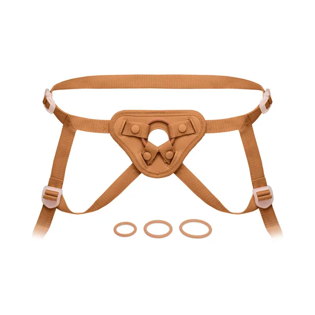 Together Toy NudeFit tan strap-on harness laid flat with three rings