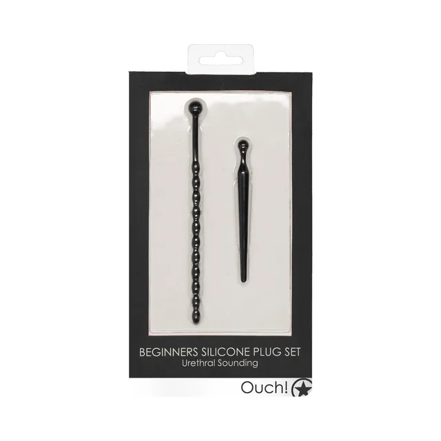 Ouch black two-piece silicone plug set retail pack