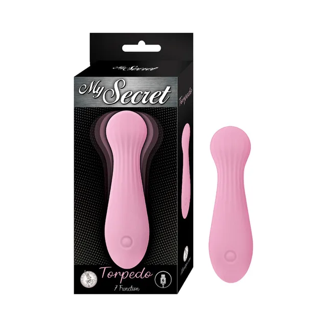 pink My Secret Torpedo vibrator with rounded head and tapered body beside black box