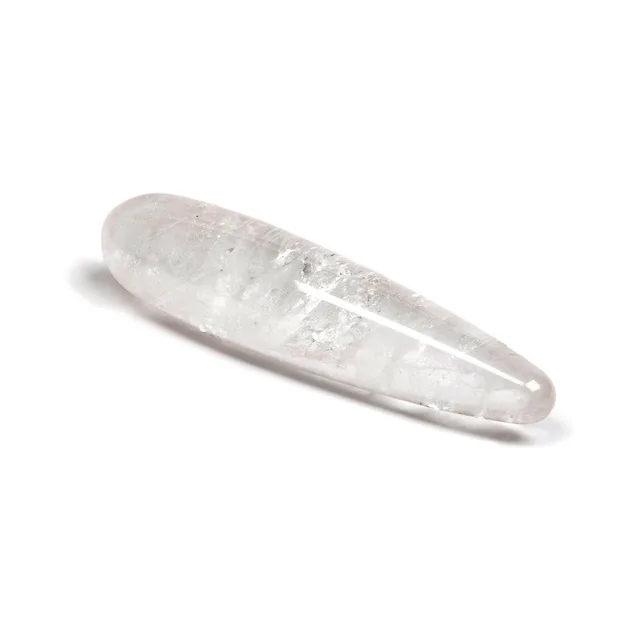 Angled view of transparent Chakrubs Prism Original clear quartz wand