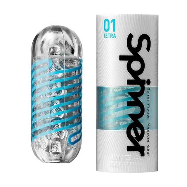 Tenga Spinner 01 Tetra clear capsule with cyan spiral ribs beside silver-and-cyan cylindrical carton