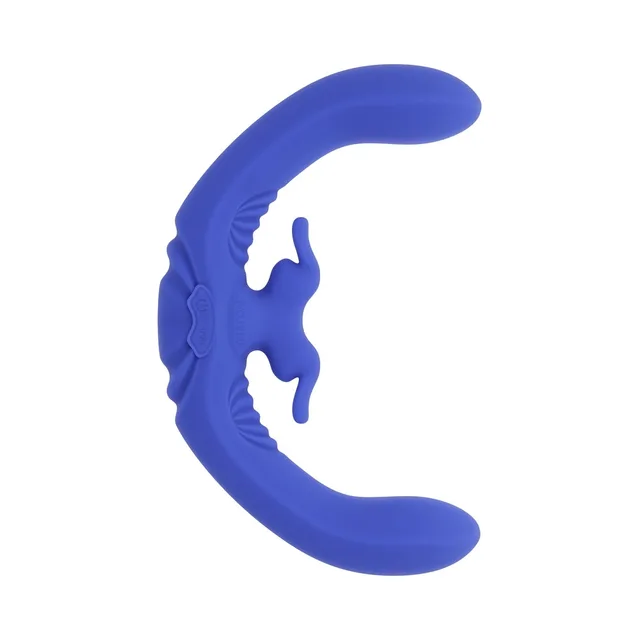 Blue Evolved Lovebirds vibrator shown from the outer curved side
