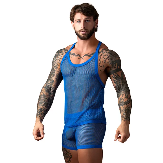 Front view of Royal Blue Male Power Fishnet Tank Top S/M