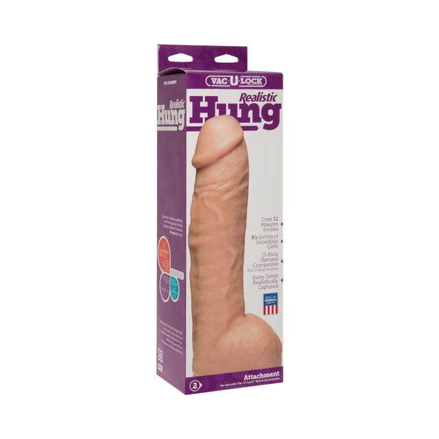 Vac-U-Lock Realistic Hung attachment displayed in a purple retail box