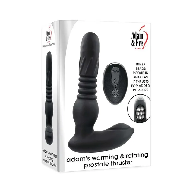 Adam & Eve Warming and Rotating Prostate Thruster black design and remote pictured on retail box