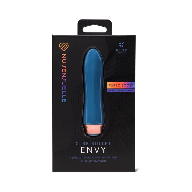 Nu Sensuelle Envy XLR8 deep turquoise bullet vibrator in black retail package