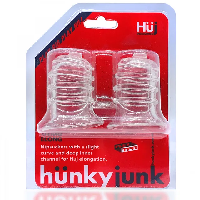 Two clear Hunkyjunk ELONG ribbed nipple suckers in red retail pack