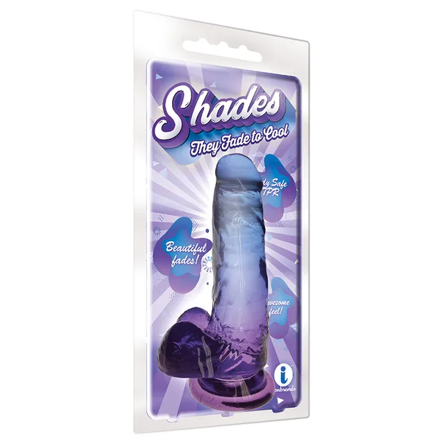 Blue-to-violet Shades seven-inch dong in purple clamshell