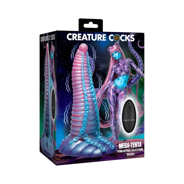 XR Brands Creature Cocks Mega-Tenta vibrating dildo retail box with pink-and-blue ribbed shaft pictured