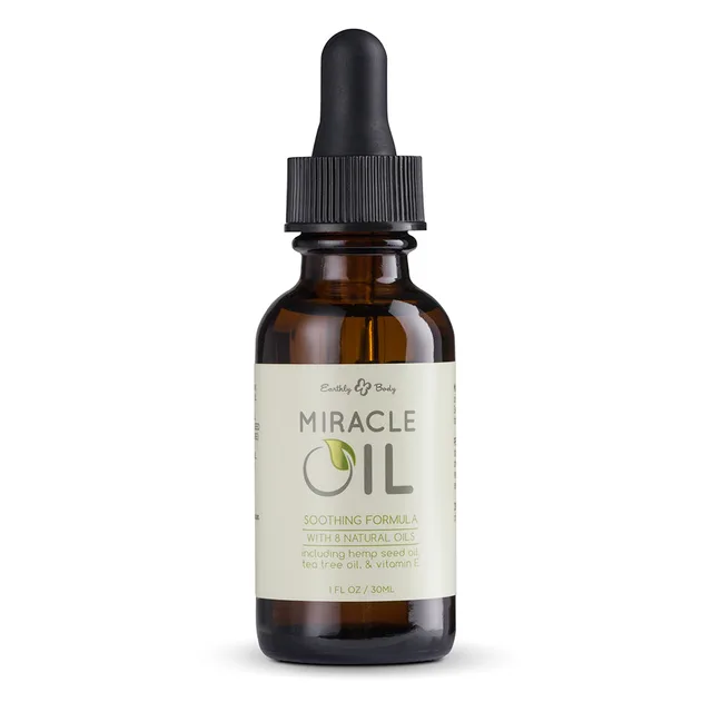 Earthly Body Miracle Oil amber one-ounce bottle front with black dropper