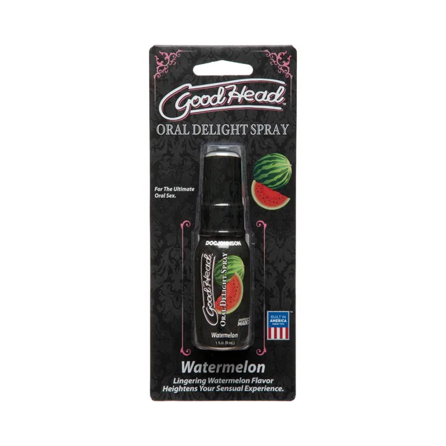Doc Johnson GoodHead Watermelon Oral Delight spray inside black retail card with matching fruit graphic