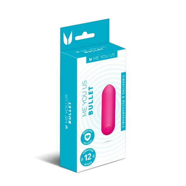 Hot-pink Me You Us bullet vibrator in teal-white box