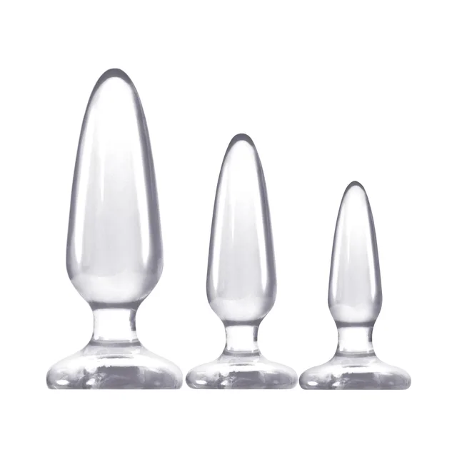 Three clear Jelly Rancher plugs in graduated sizes