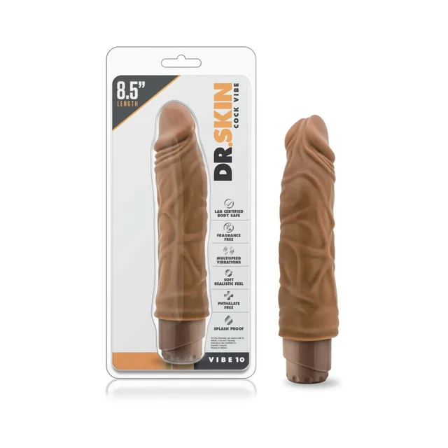 Blush Dr. Skin Cock Vibe 10 tan vibrator in clear 8.5-inch retail package