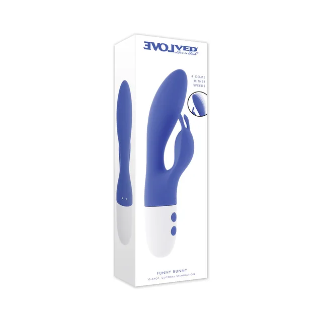 Evolved Funny Bunny Blue vibrator beside white retail box