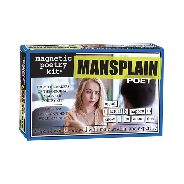 black and blue Mansplain Poet Magnetic Poetry Kit box with portrait and word tiles