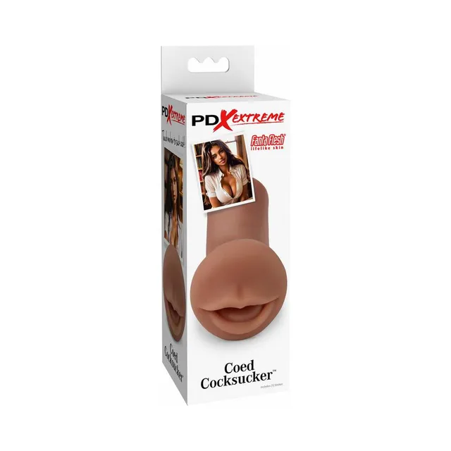 PDX Extreme Coed Cocksucker brown sleeve sculpted mouth opening in white retail package