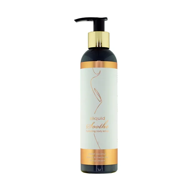 Black pump bottle of Sliquid Soothe Sweet Coconut lotion