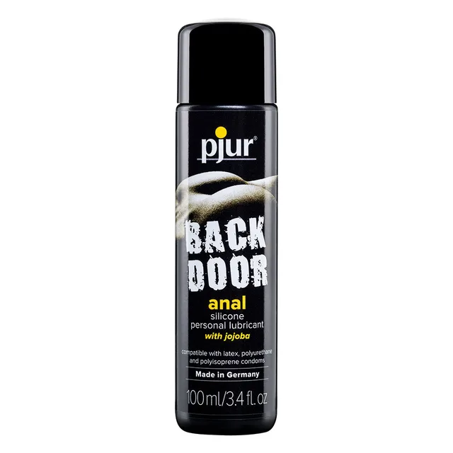 Black 100 ml pjur Back Door silicone anal lubricant bottle with silver cap and white label