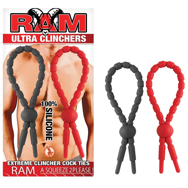 RAM Ultra Clinchers Red and Black Rings red white carton beside red and black beaded lasso rings