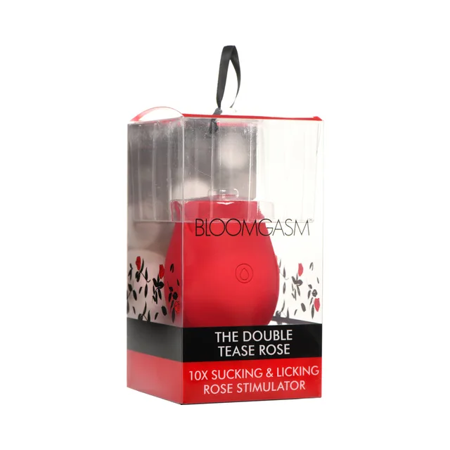 red Bloomgasm Double Tease Rose stimulator in clear floral box