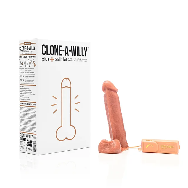 medium skin-tone Clone-A-Willy Plus model, vibrator and white kit box